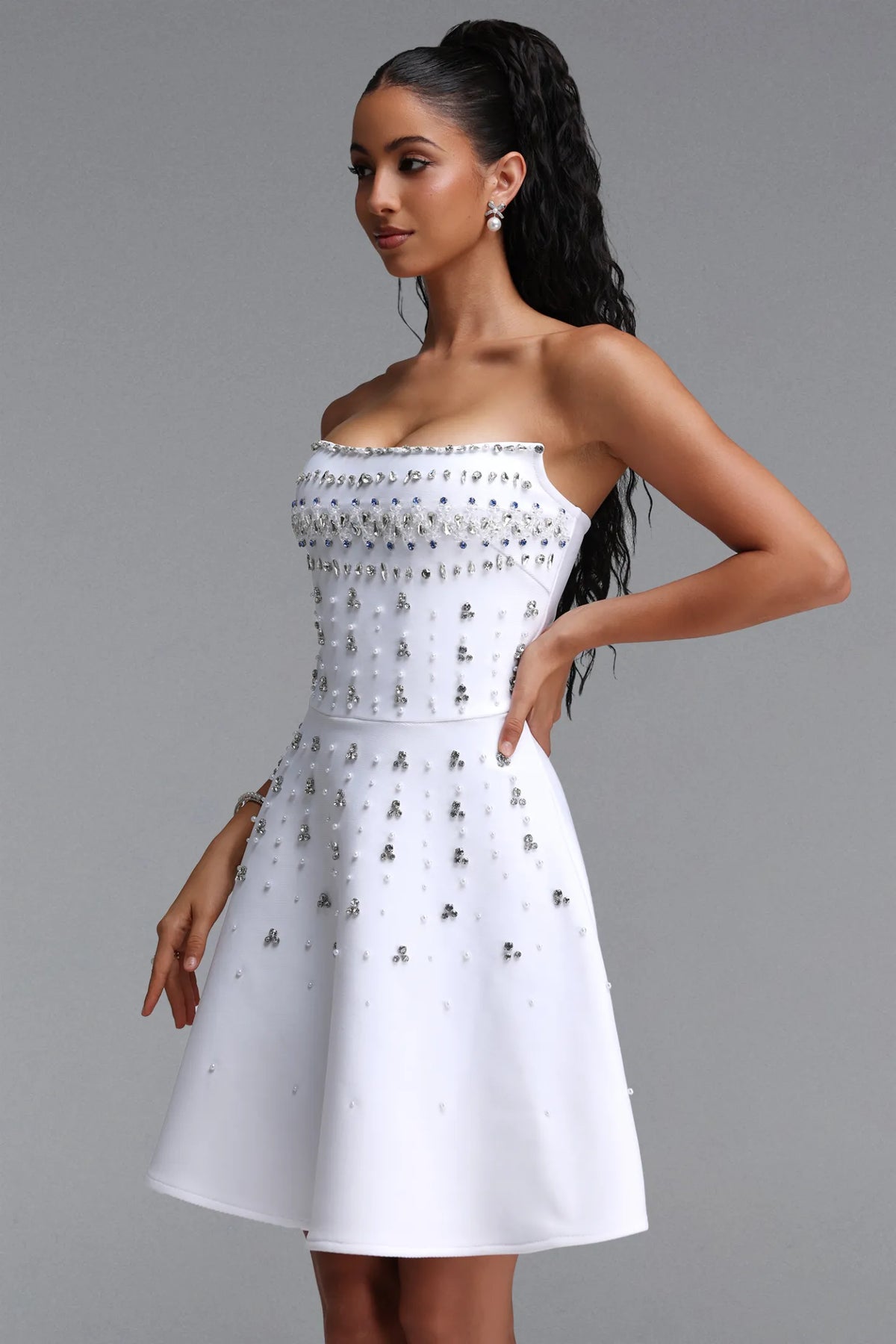 Pearl and Crystal Embellished Strapless Mini Dress - Pristine White