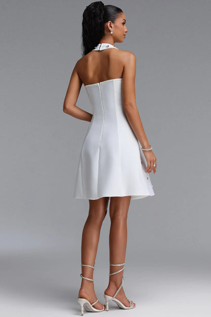 Silver Disc Embellished Halter Mini Dress - Pristine White