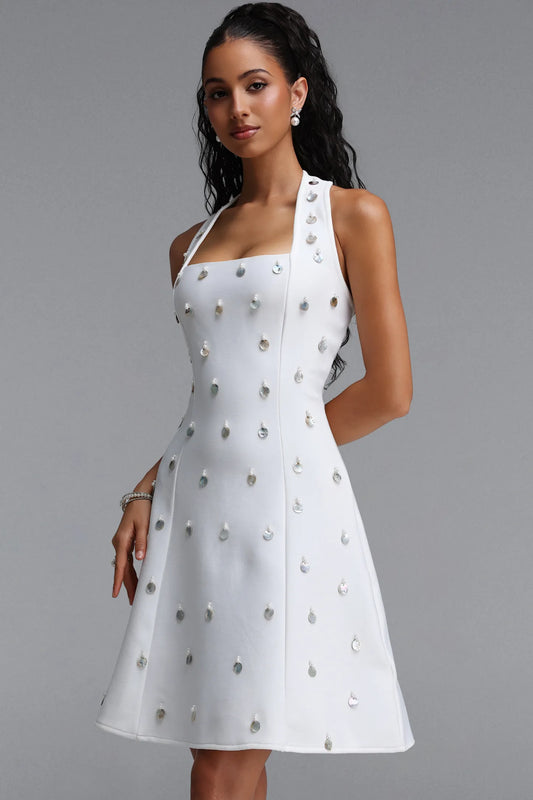 Silver Disc Embellished Halter Mini Dress - Pristine White