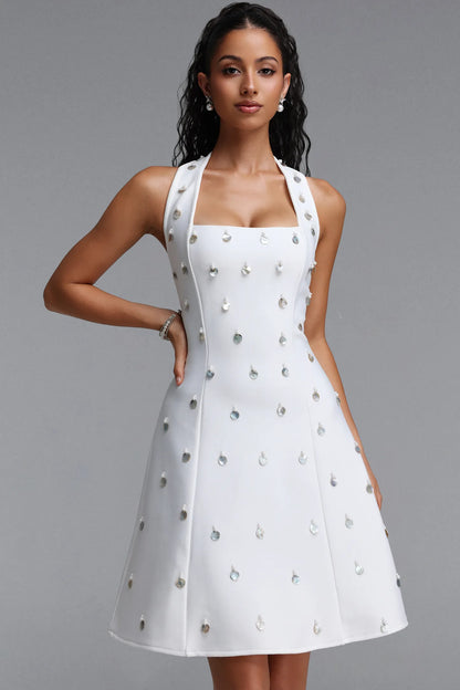 Silver Disc Embellished Halter Mini Dress - Pristine White