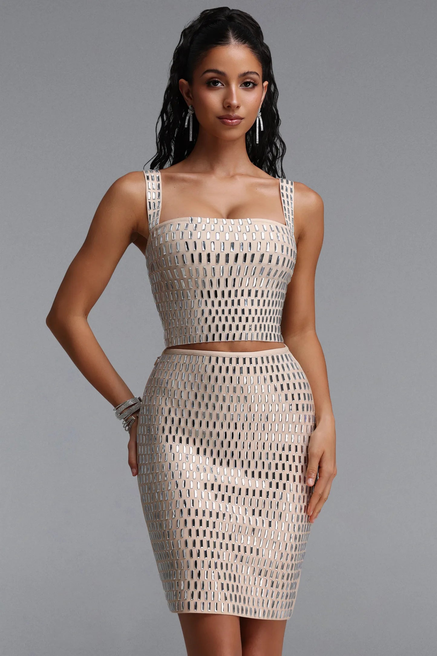 Mirrored Geometric Two-Piece Set - Champagne Nude