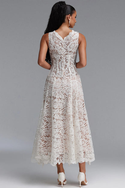 Floral Lace Flutter-Sleeve Midi Dress - Ivory White