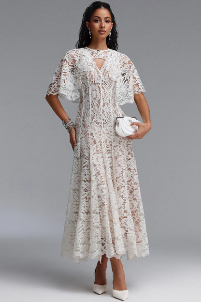 Floral Lace Flutter-Sleeve Midi Dress - Ivory White