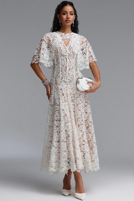 Floral Lace Flutter-Sleeve Midi Dress - Ivory White