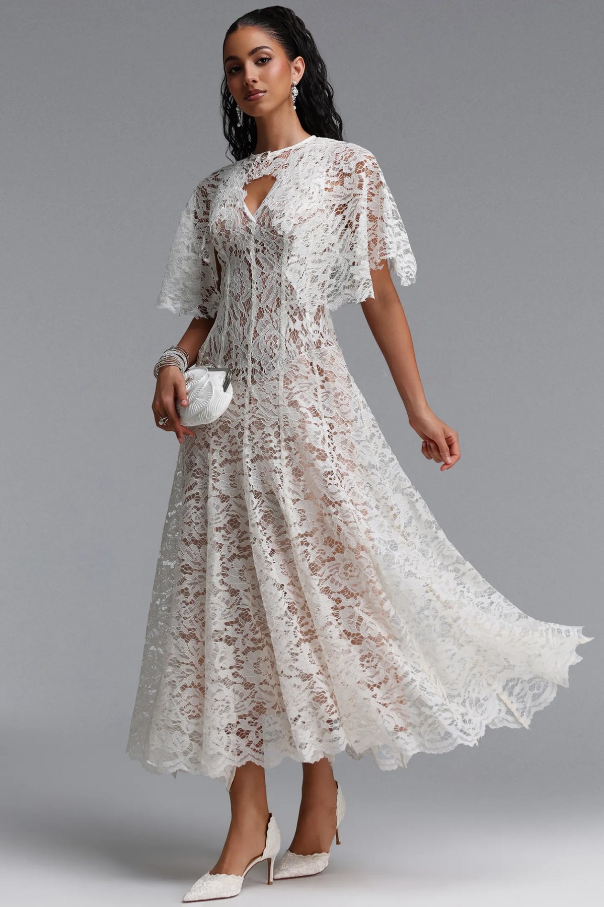 Floral Lace Flutter-Sleeve Midi Dress - Ivory White