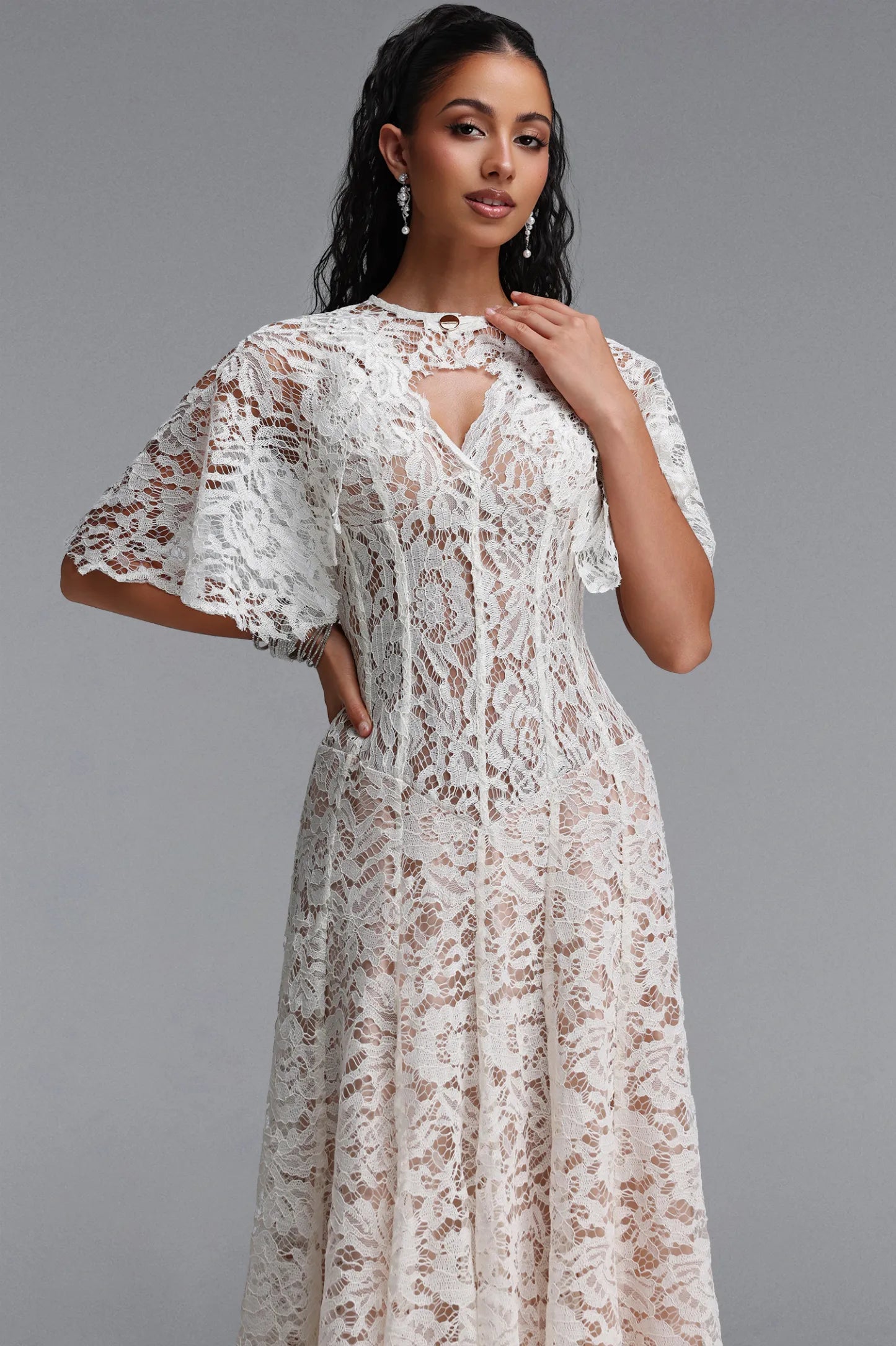 Floral Lace Flutter-Sleeve Midi Dress - Ivory White