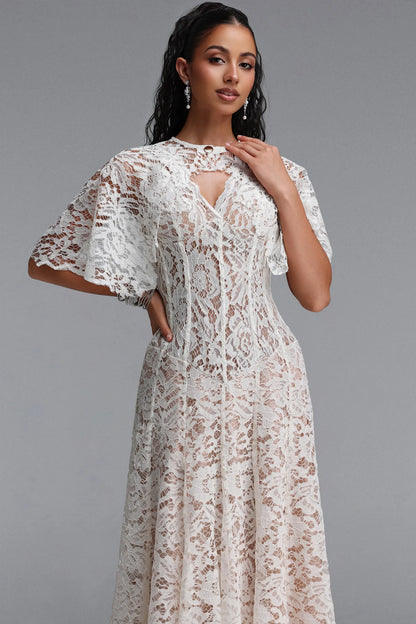 Floral Lace Flutter-Sleeve Midi Dress - Ivory White