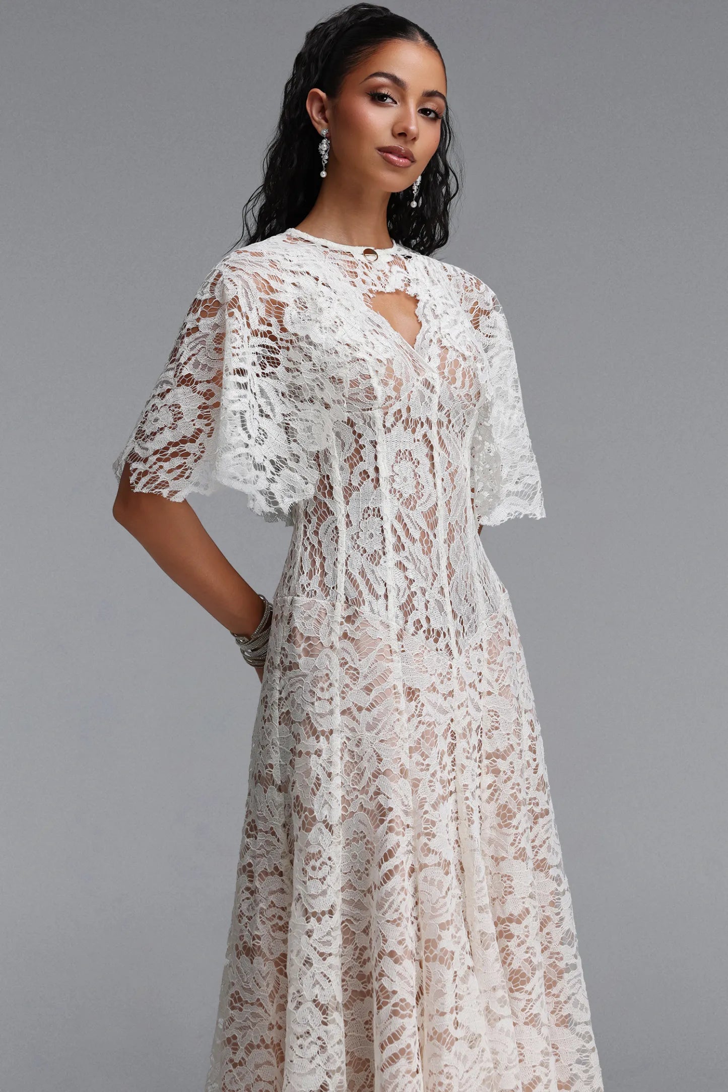 Floral Lace Flutter-Sleeve Midi Dress - Ivory White