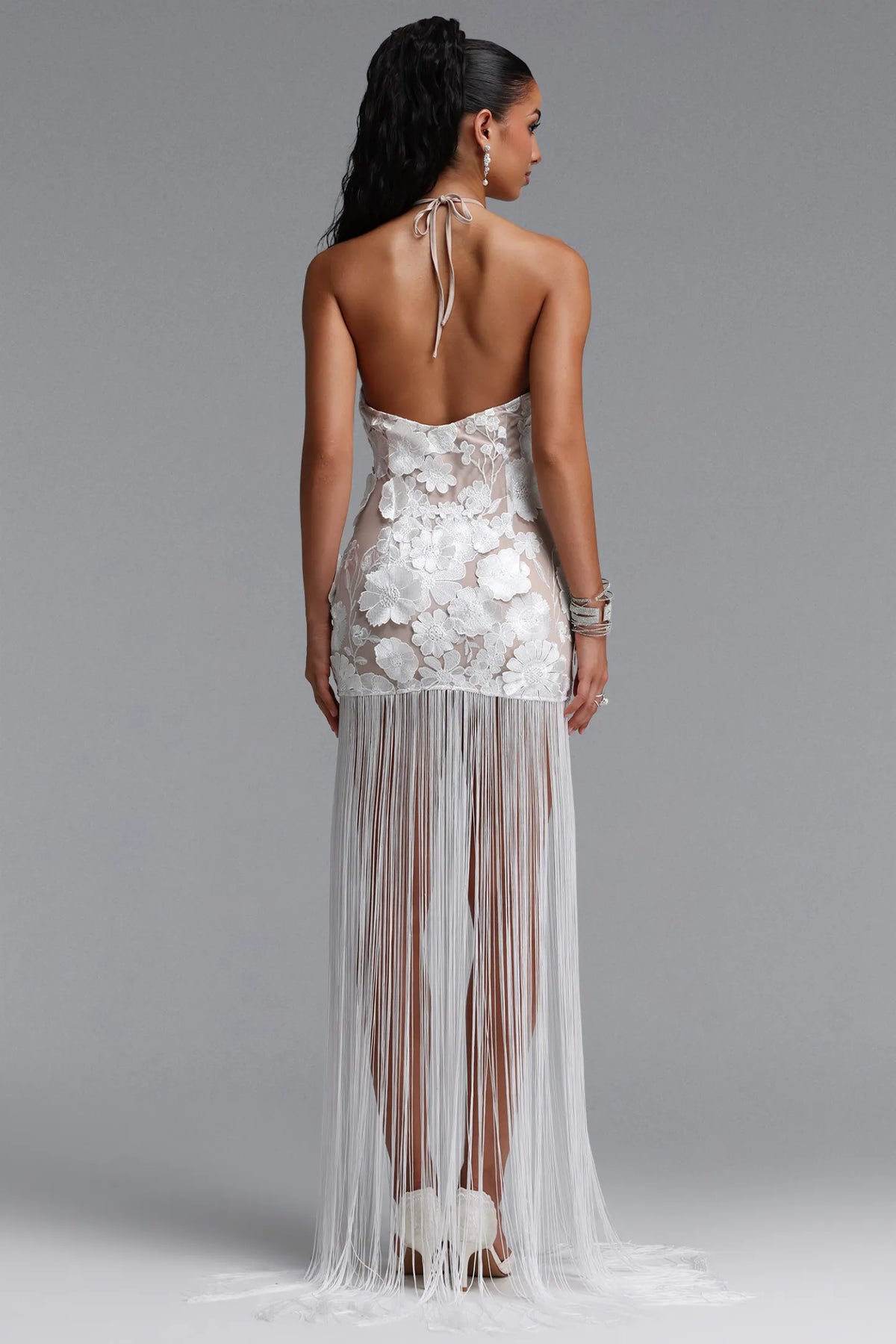 3D Floral Appliqué Illusion Fringe Gown - Pristine White