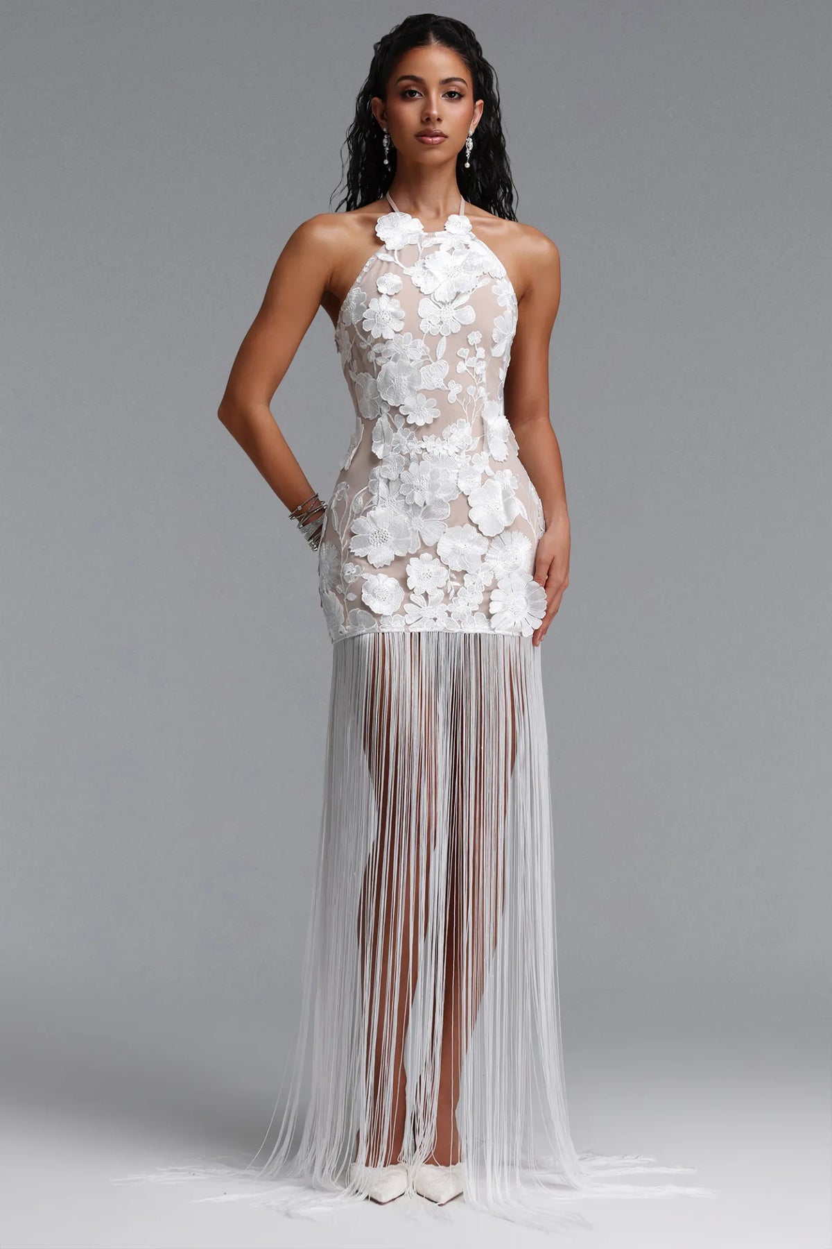 3D Floral Appliqué Illusion Fringe Gown - Pristine White
