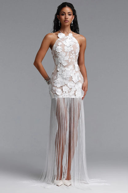 3D Floral Appliqué Illusion Fringe Gown - Pristine White