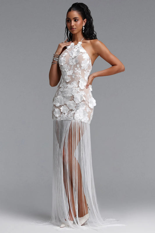 3D Floral Appliqué Illusion Fringe Gown - Pristine White
