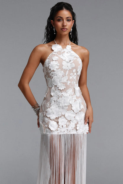 3D Floral Appliqué Illusion Fringe Gown - Pristine White