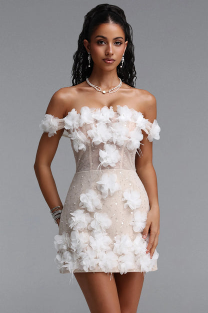 3D Floral Appliqué Corset Mini Dress - Ivory & Nude