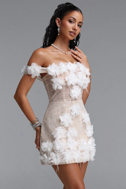 3D Floral Appliqué Corset Mini Dress - Ivory & Nude