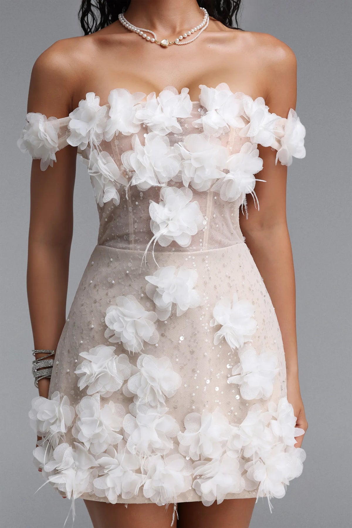 3D Floral Appliqué Corset Mini Dress - Ivory & Nude