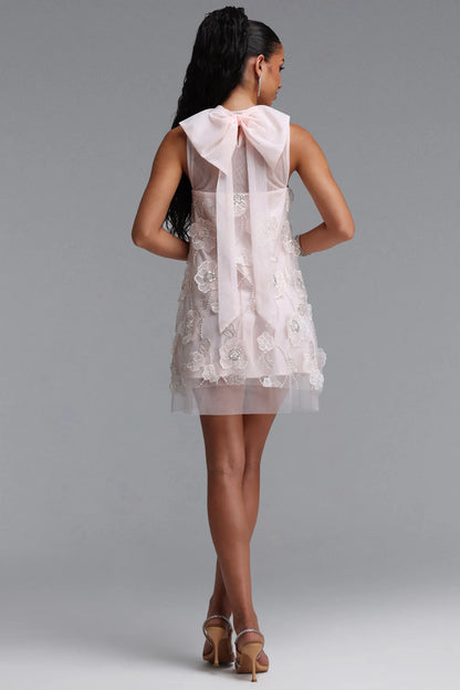 3D Floral Embellished Illusion Shift Dress - Soft Blush