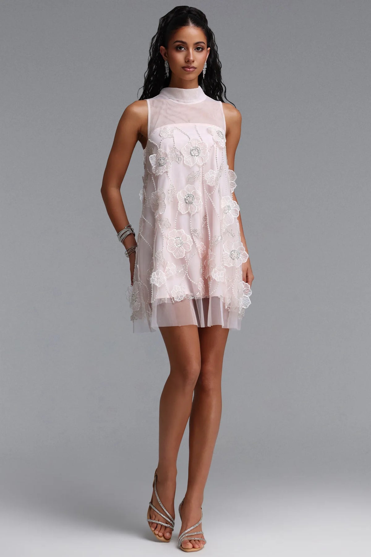 3D Floral Embellished Illusion Shift Dress - Soft Blush