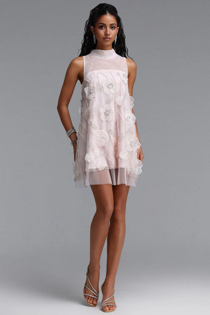 3D Floral Embellished Illusion Shift Dress - Soft Blush