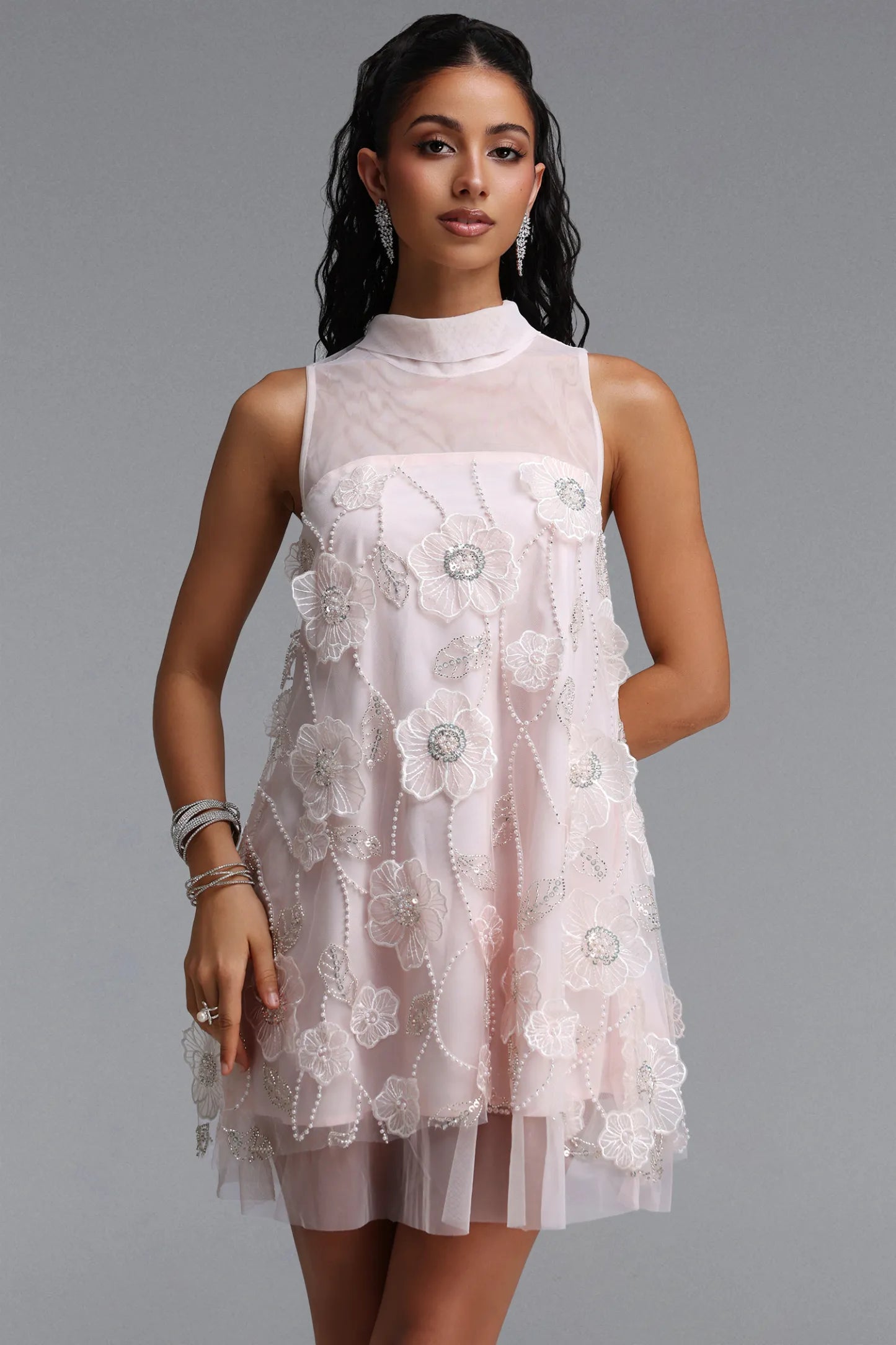 3D Floral Embellished Illusion Shift Dress - Soft Blush
