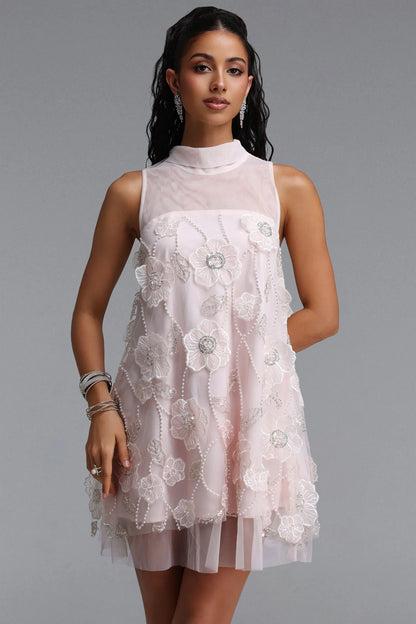 3D Floral Embellished Illusion Shift Dress - Soft Blush