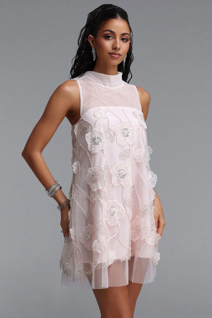 3D Floral Embellished Illusion Shift Dress - Soft Blush