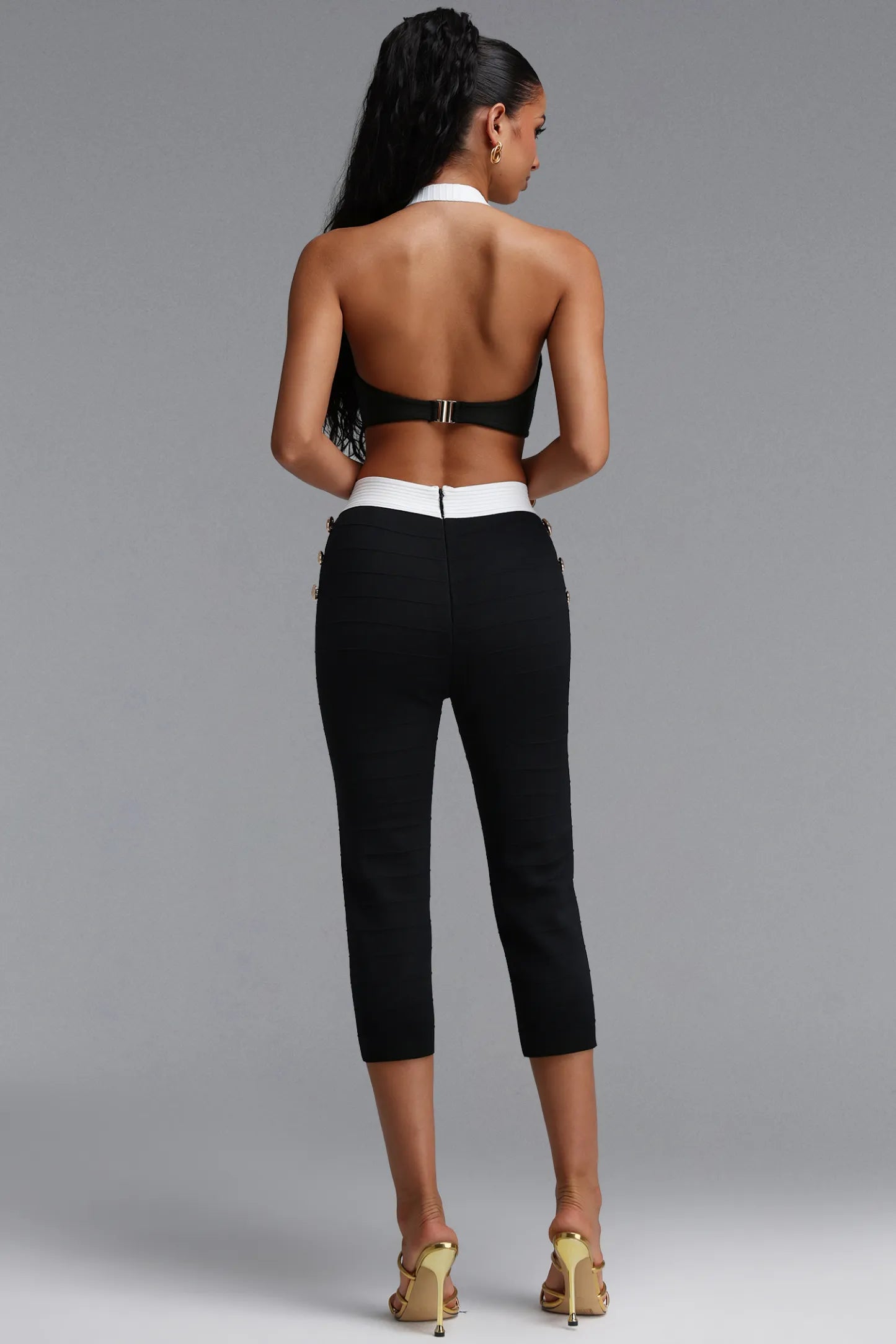 Contrast-Trim Tailored Halter Two-Piece Set - Onyx Black