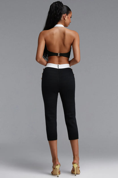 Contrast-Trim Tailored Halter Two-Piece Set - Onyx Black