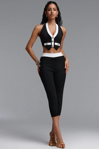 Contrast-Trim Tailored Halter Two-Piece Set - Onyx Black