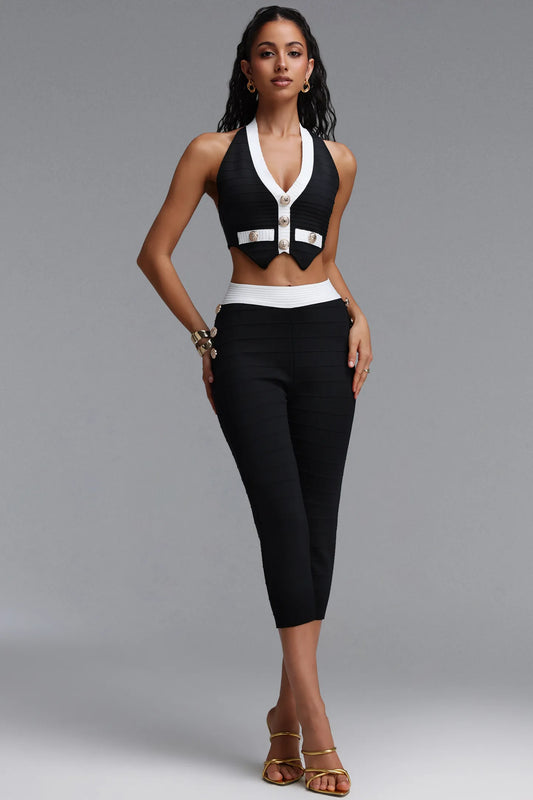 Contrast-Trim Tailored Halter Two-Piece Set - Onyx Black