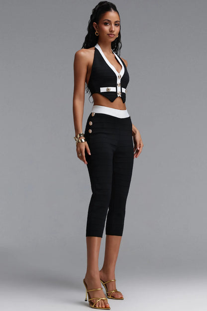 Contrast-Trim Tailored Halter Two-Piece Set - Onyx Black