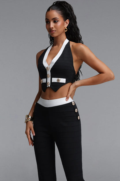 Contrast-Trim Tailored Halter Two-Piece Set - Onyx Black