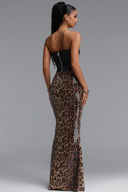 Corset Bodice Sequin Leopard Gown - Black & Bronze