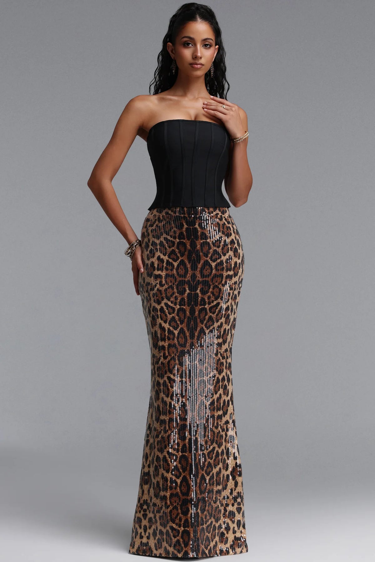 Corset Bodice Sequin Leopard Gown - Black & Bronze