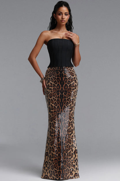 Corset Bodice Sequin Leopard Gown - Black & Bronze