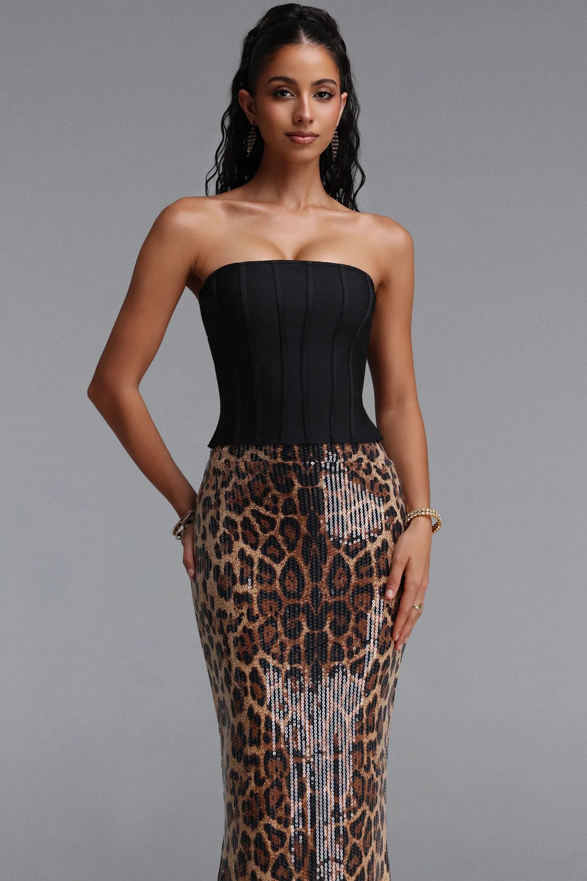 Corset Bodice Sequin Leopard Gown - Black & Bronze