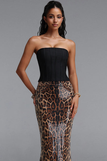 Corset Bodice Sequin Leopard Gown - Black & Bronze