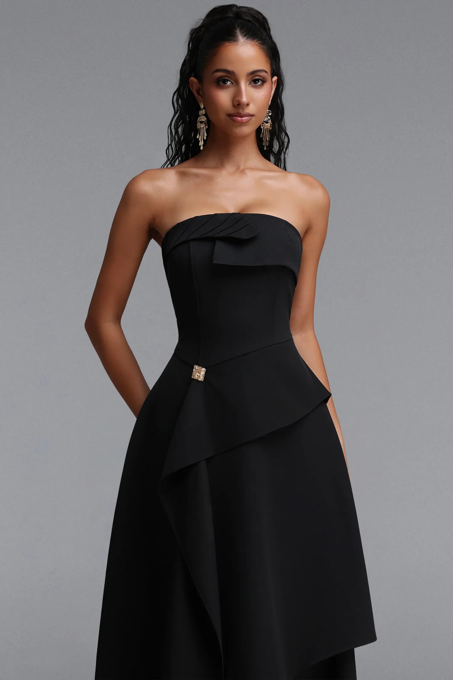 Structured Asymmetrical Draped Dress - Onyx Black
