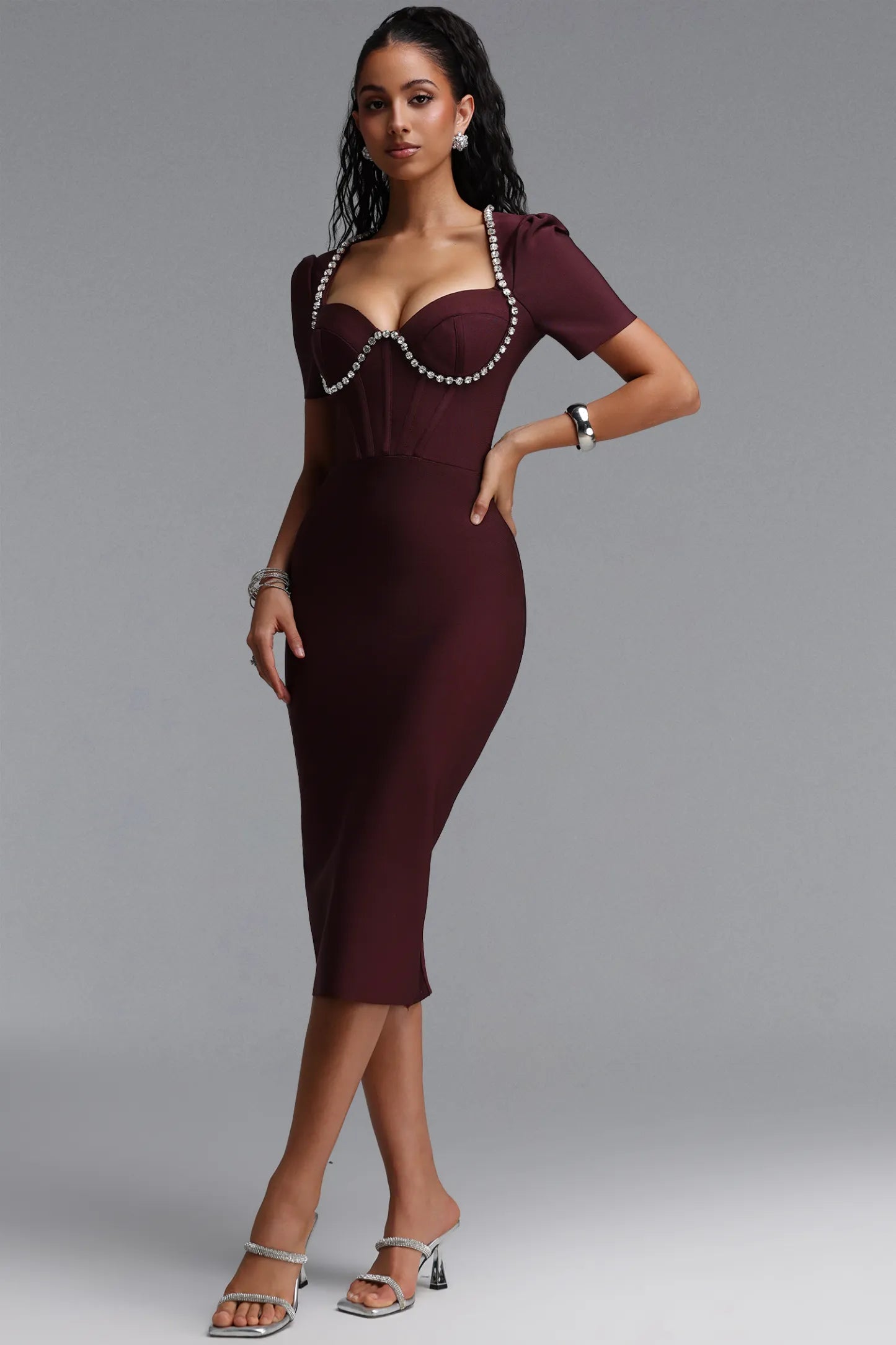 Crystal-Trimmed Corset Dress - Deep Burgundy