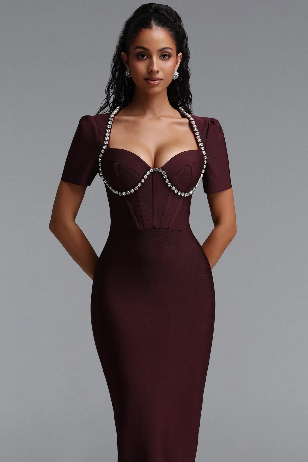 Crystal-Trimmed Corset Dress - Deep Burgundy