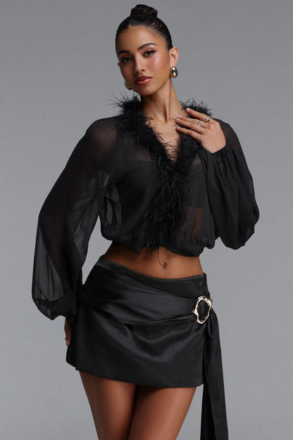 Feather-Trim Sheer Chiffon Two-Piece Set - Onyx Black