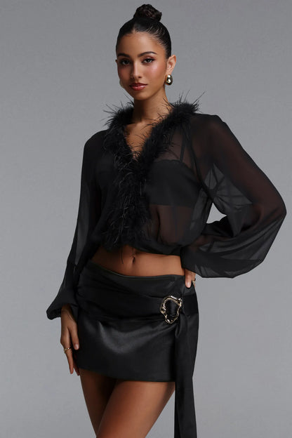 Feather-Trim Sheer Chiffon Two-Piece Set - Onyx Black