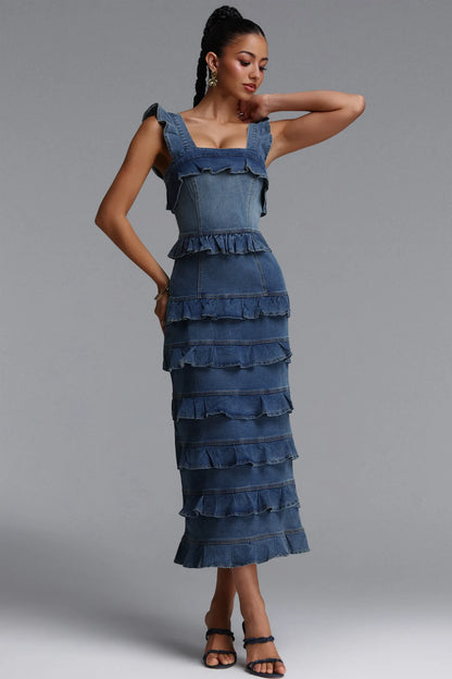 Tiered Ruffle Corset Denim Midi Dress - Classic Blue