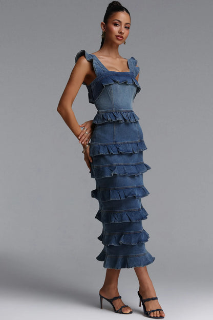 Tiered Ruffle Corset Denim Midi Dress - Classic Blue