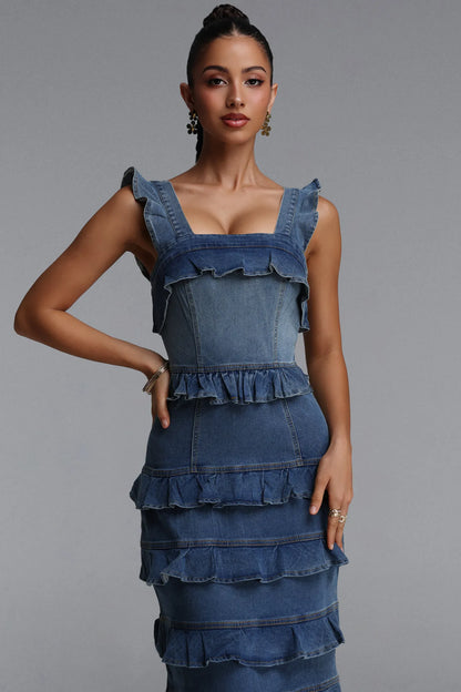 Tiered Ruffle Corset Denim Midi Dress - Classic Blue