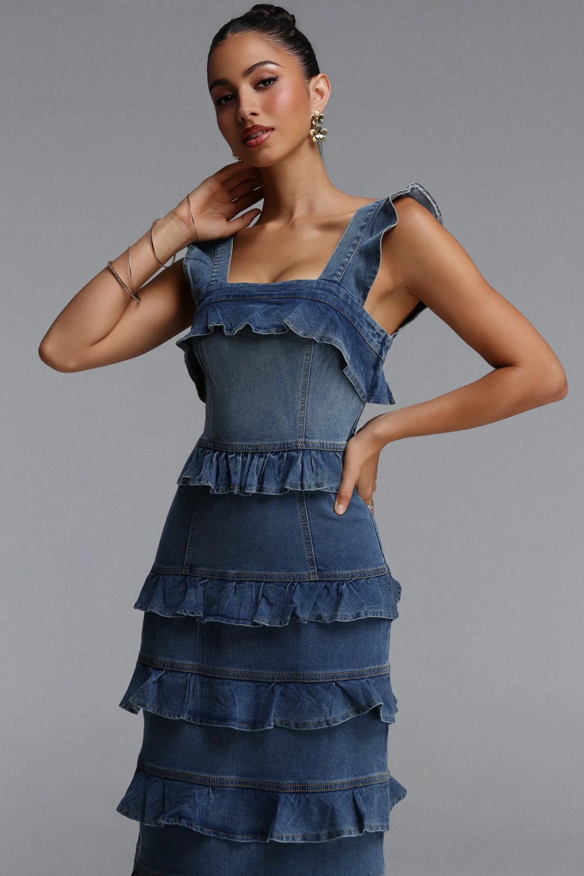Tiered Ruffle Corset Denim Midi Dress - Classic Blue