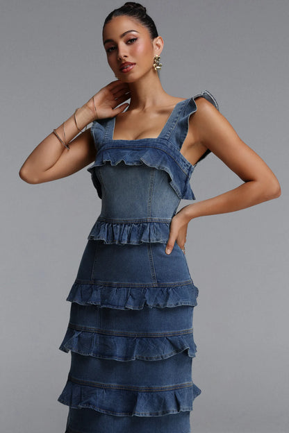 Tiered Ruffle Corset Denim Midi Dress - Classic Blue