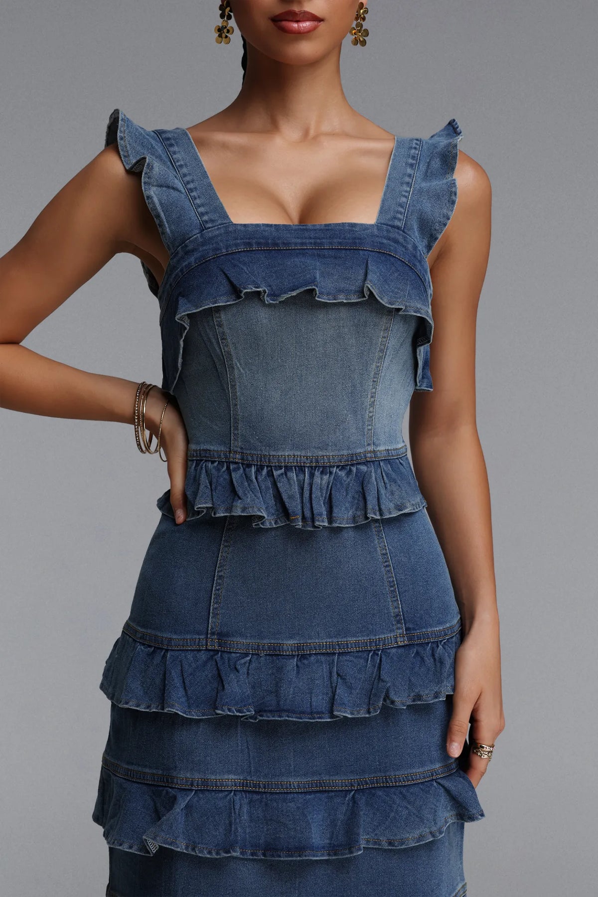 Tiered Ruffle Corset Denim Midi Dress - Classic Blue