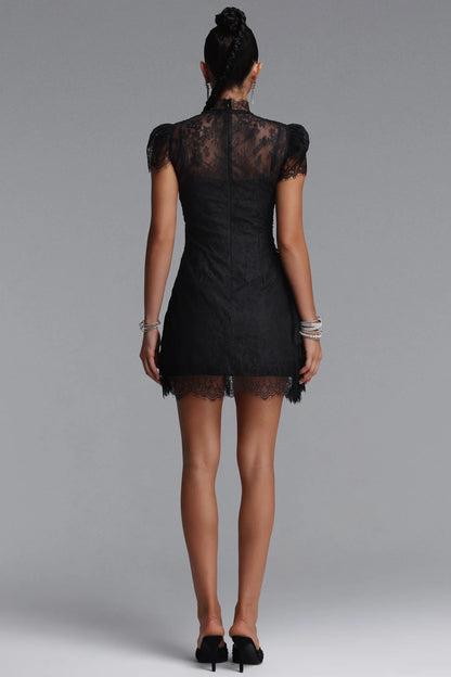 Scalloped Lace Mock-Neck Mini Dress - Onyx Black