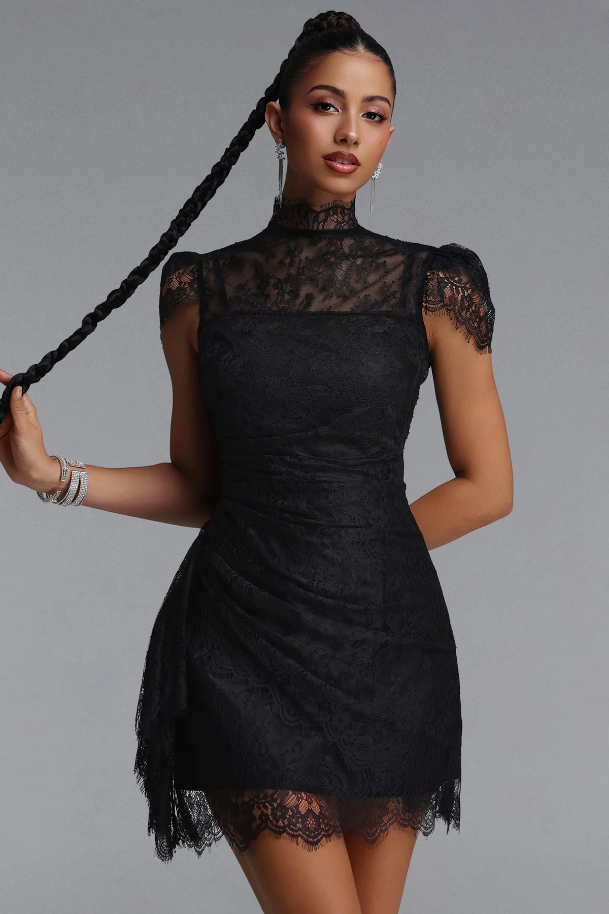 Scalloped Lace Mock-Neck Mini Dress - Onyx Black